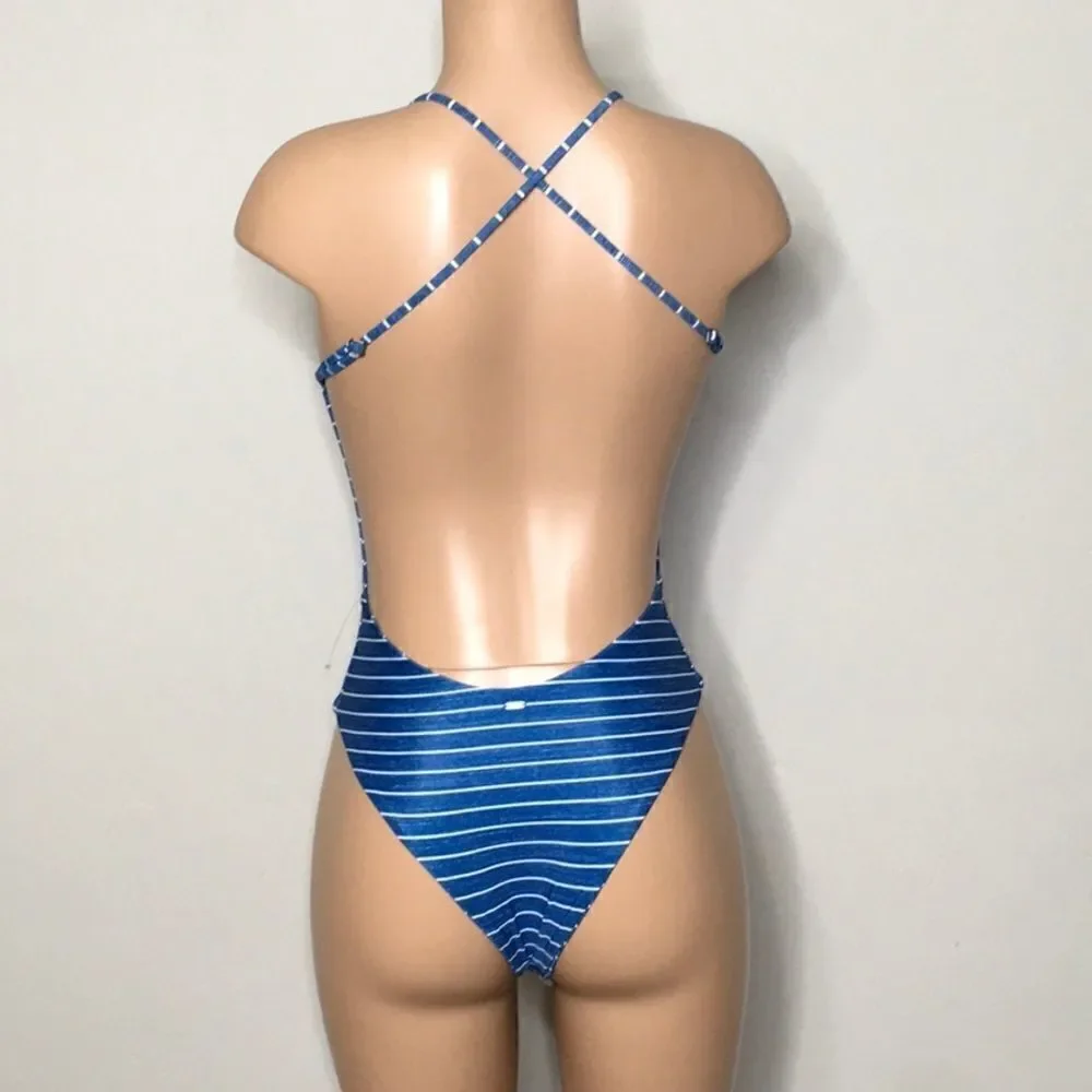 Rip Curl blue stripe plunge neck cheeky swimsuit. New